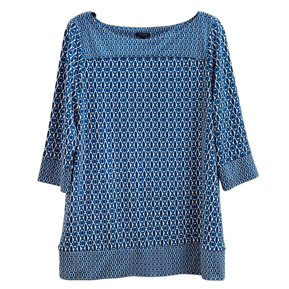 Ann Taylor Blue White Geometric Link Print 3/4 Sleeve Boatneck Tunic Top Large